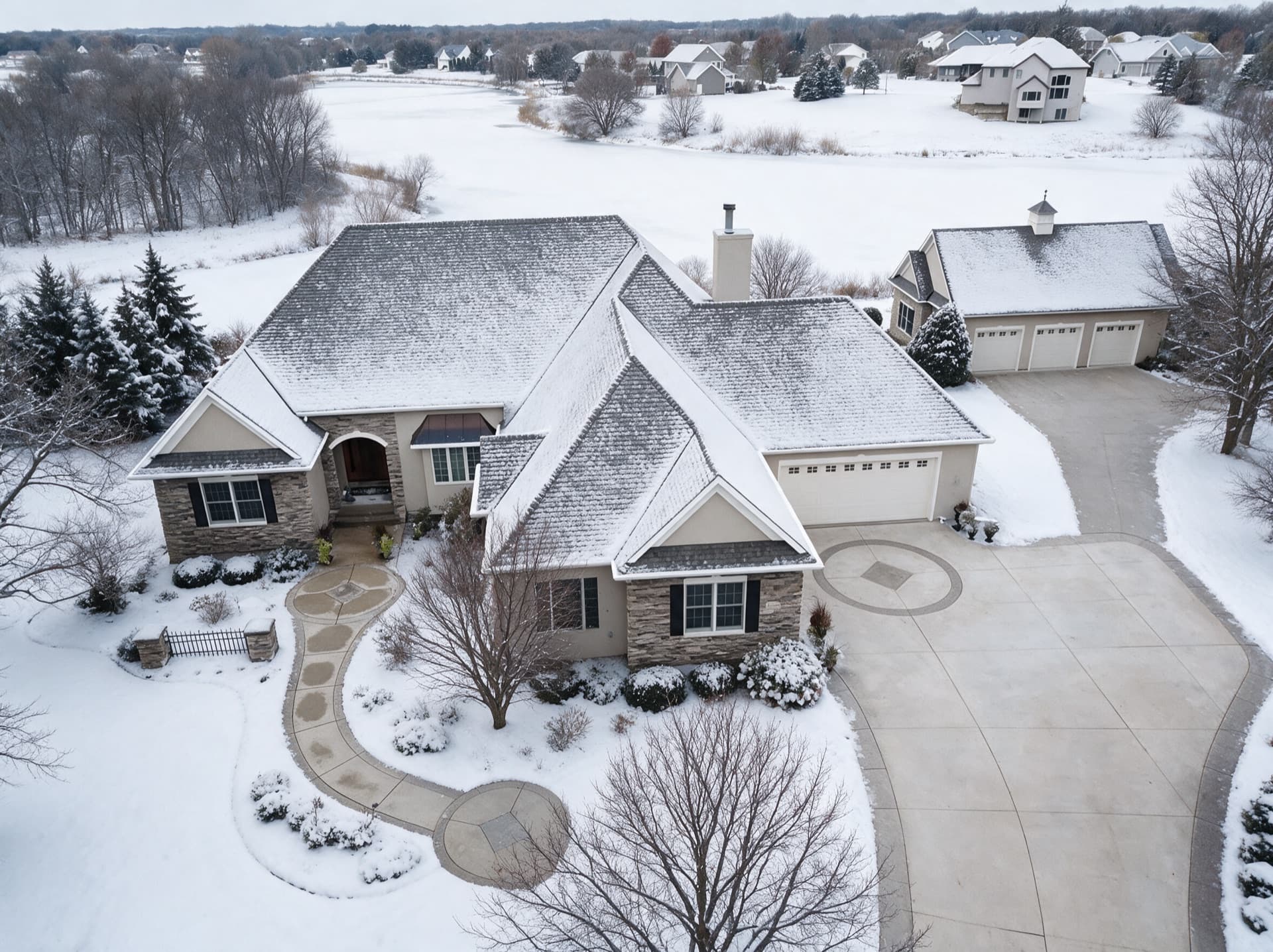 Aerial view of a lakeside Twin Cities home under snow in deep winter, frozen pond behind it