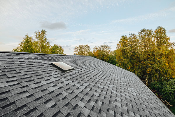 a new dark colored roof with a skylight on it