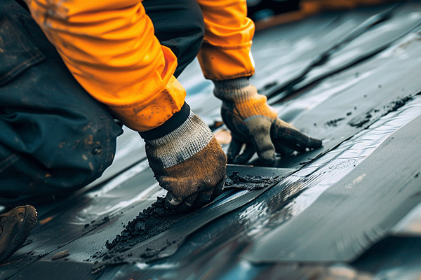 a person wearing gloves and patching a roof with black roof tar