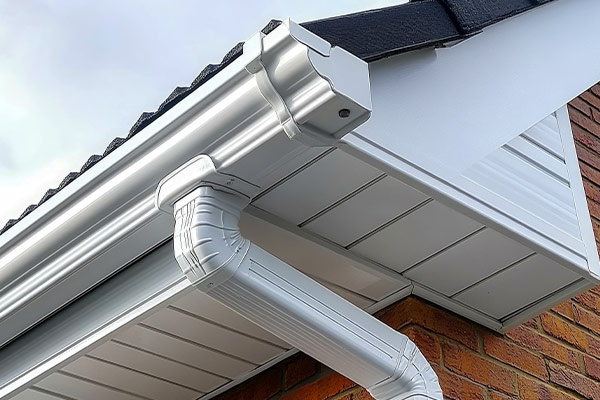 white seamless gutters on a home with a red brick finish